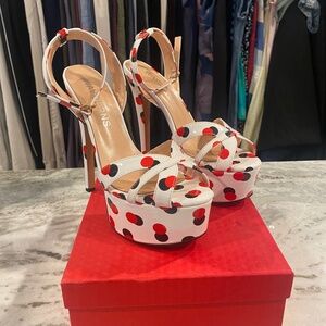Like New Women's size 7.5 White, Red, and Black Polka Dot 6 inch stiletto heels
